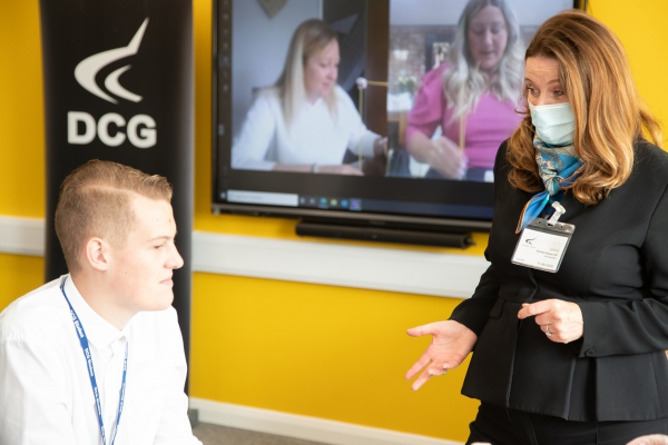 Minister for Apprenticeships and Skills Gillian Keegan MP talks to a T Level student